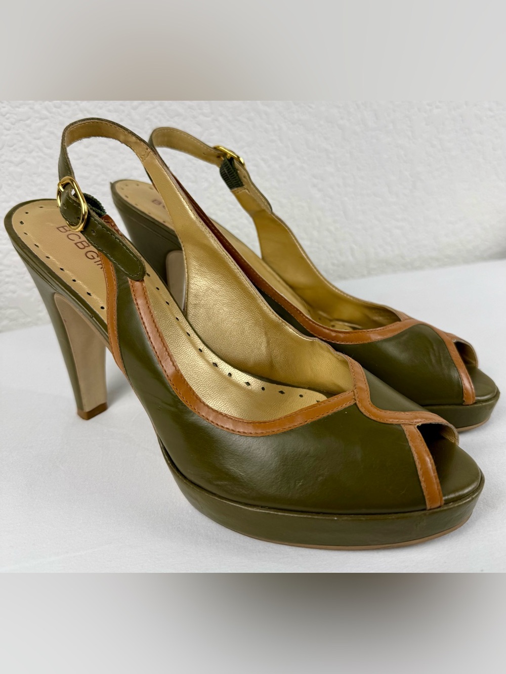 BCBGirls | Leather Slingback Peep Toe Heels | Olive/Tan | Women's 9.5